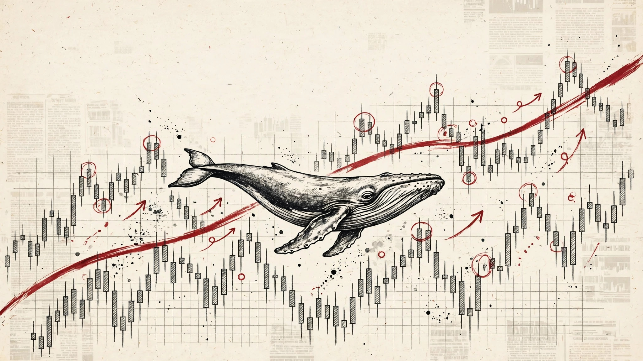 Ink whale swimming through hand-drawn candlestick charts with a crimson trend line